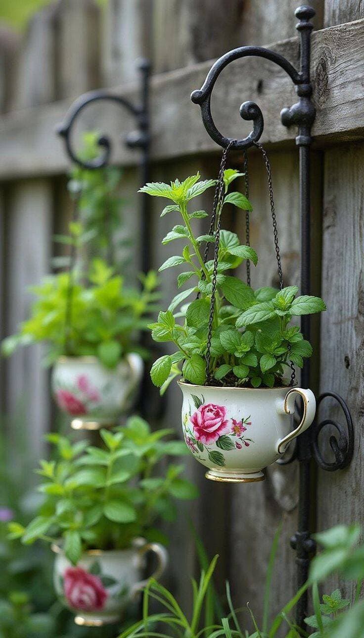 Hanging teacup planters with green herbs on a garden fence